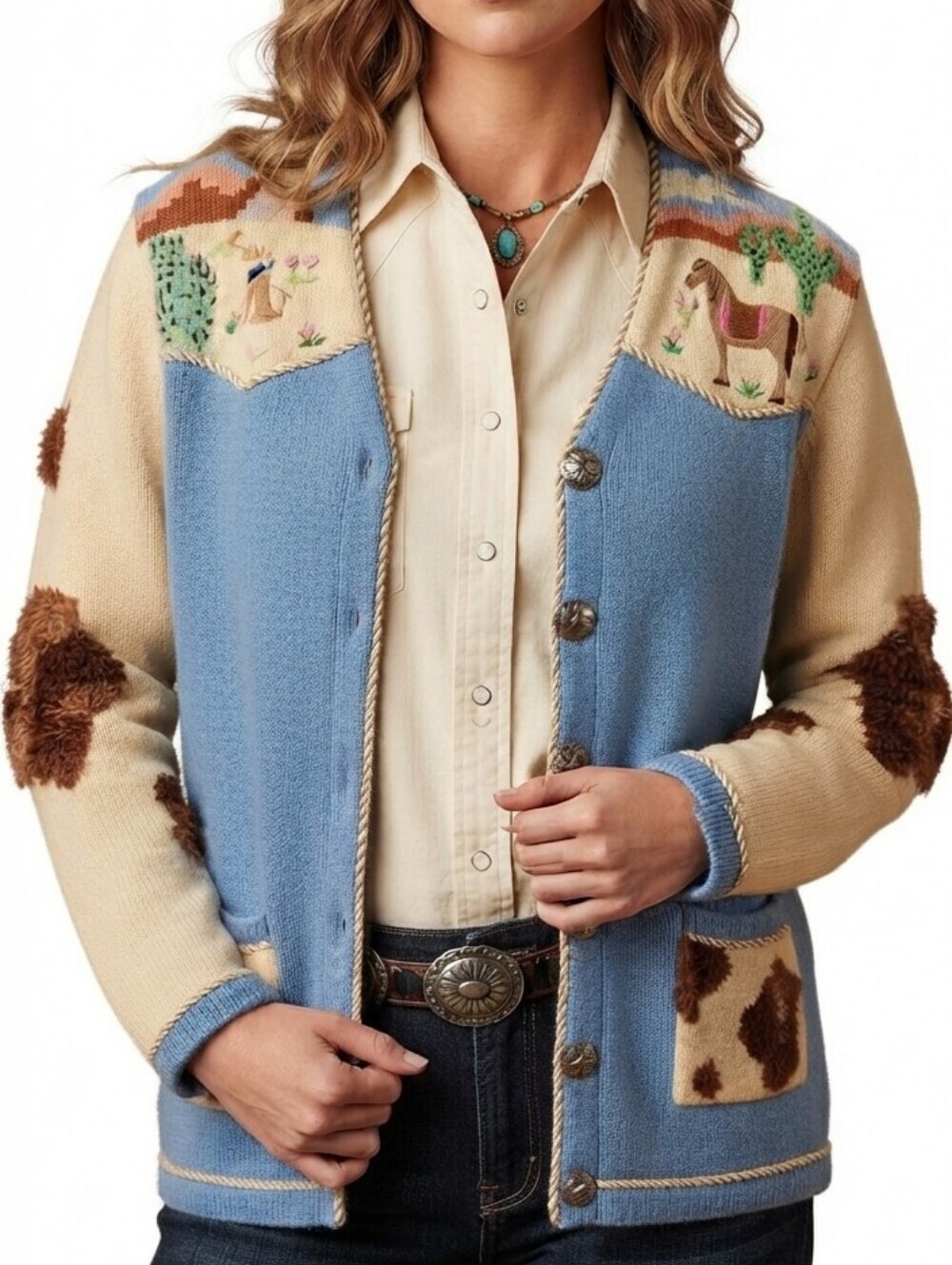 Vintage 90s Storybook Knits Western Novelty Horse Cow Print Cardigan Blue Cream